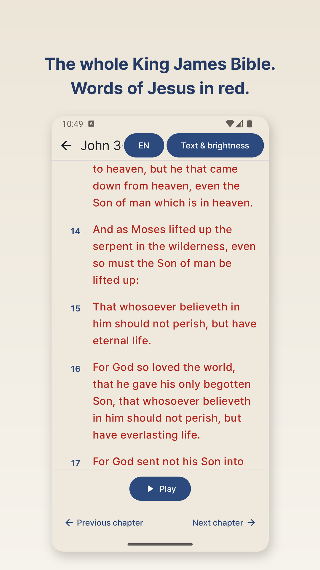 Daily KJV 공식 Google Play 소개 이미지: John 3 성경 읽기와 오디오 재생 화면